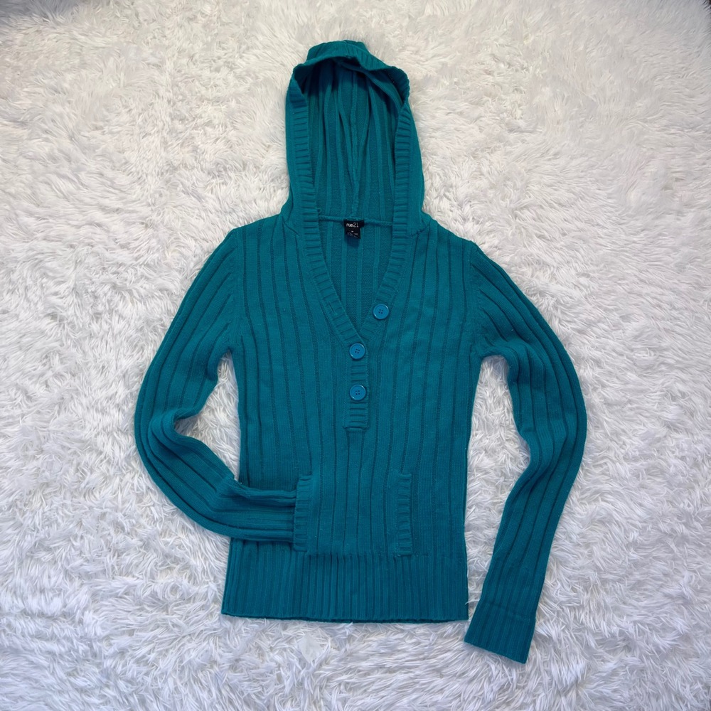 y2k dark teal cable knit button up hooded sweater medium